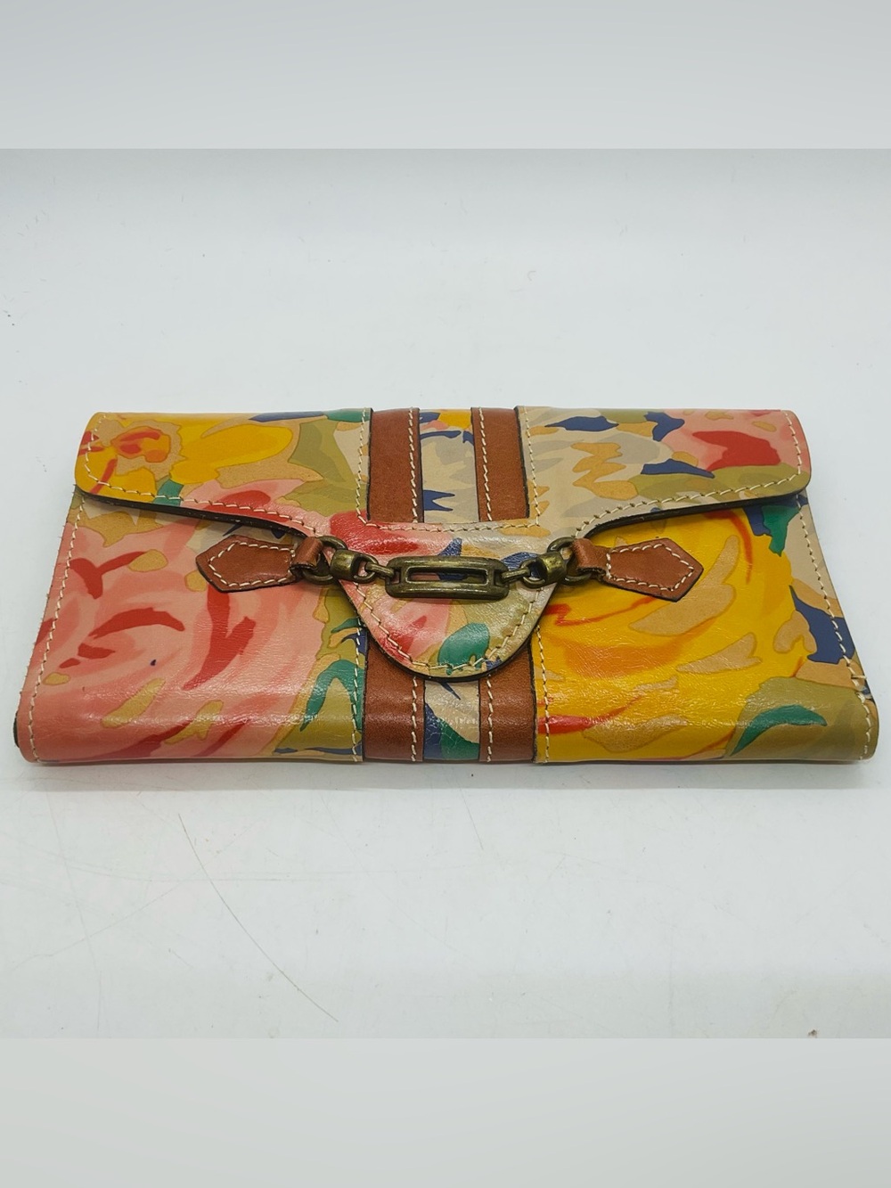 Patricia Nash Italian Tan Leather & Multi Colored Floral Trifold Wallet - Buckle